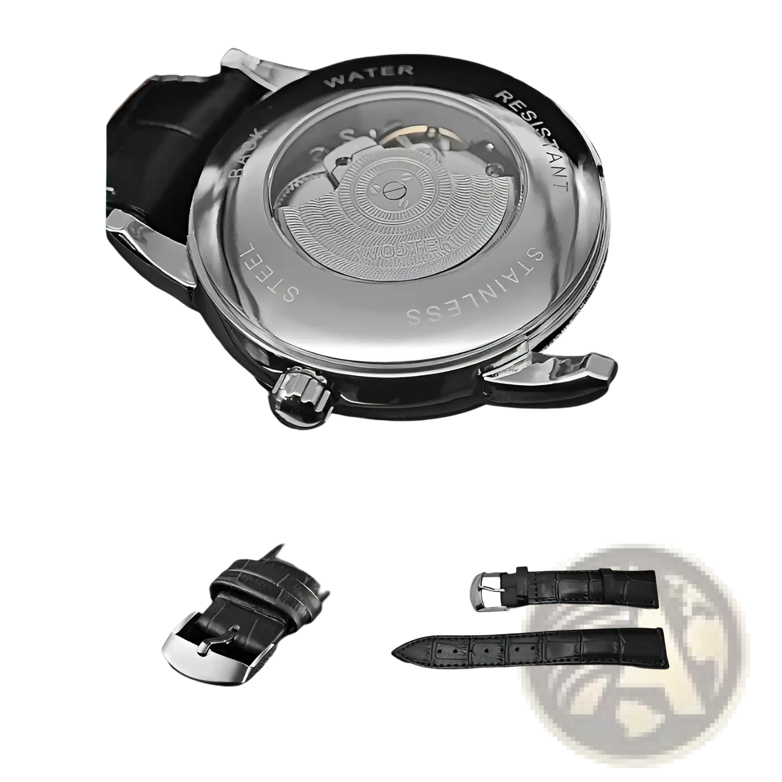 Stainless steel skeleton automatic mechanical watch 40mm with transparent back showing movement and black leather straps
