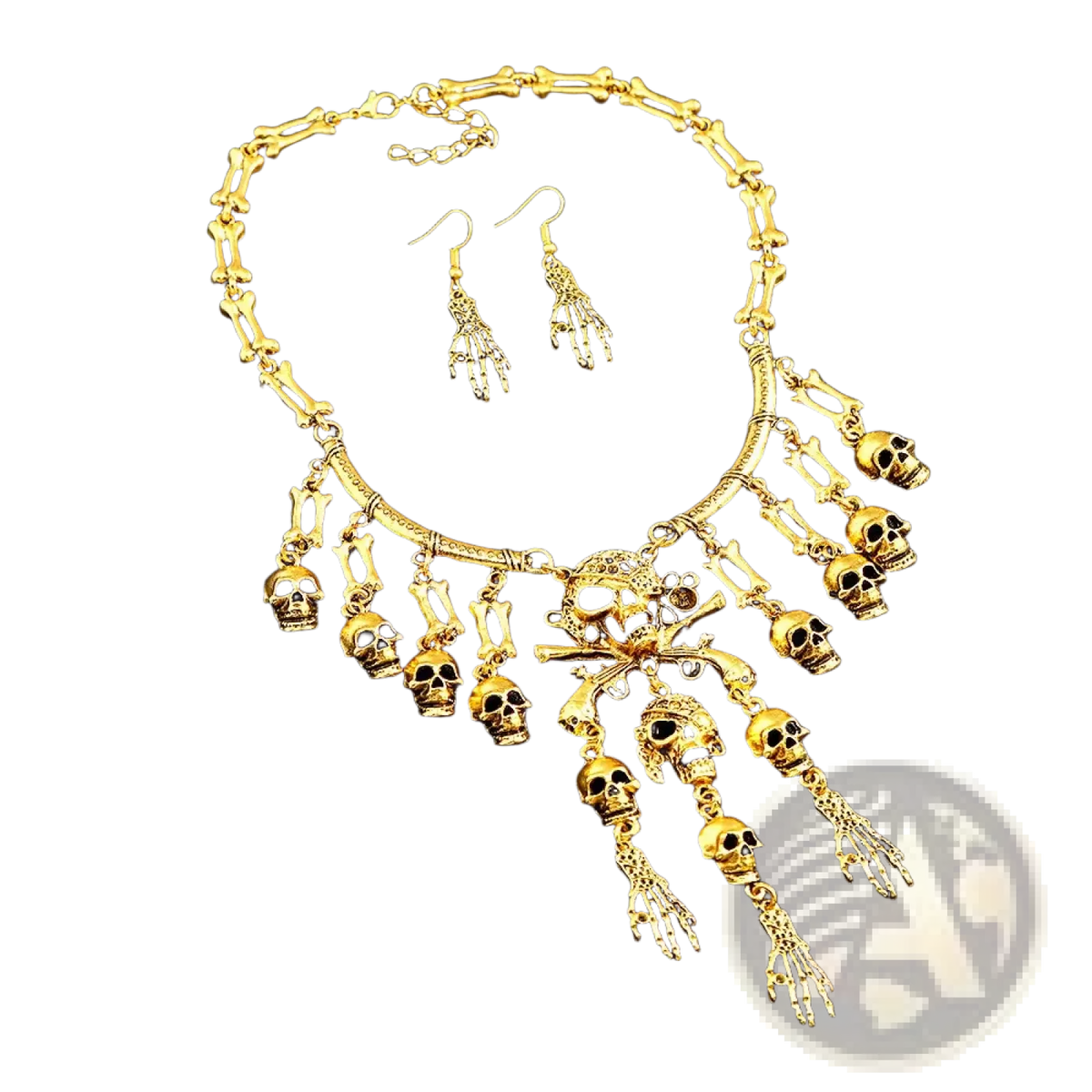 Gold-colored skeleton choker necklace set featuring skulls bones and hand charms gothic skull pendant jewelry
