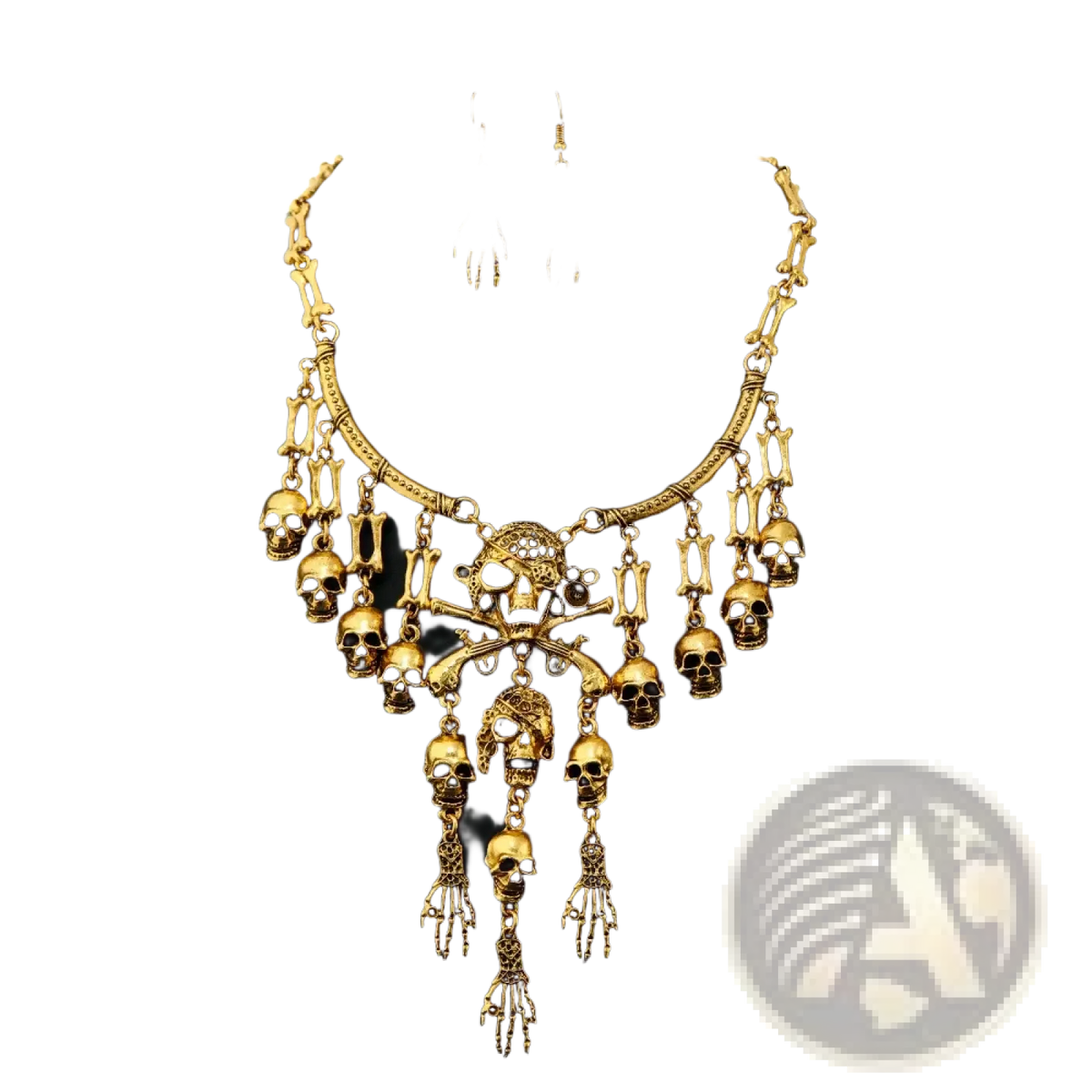 Gold-colored skeleton choker necklace set featuring skulls bones and hand motifs gothic skull pendant jewelry