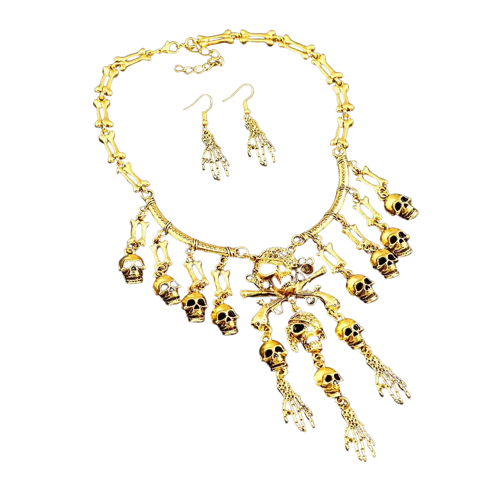 Gold-colored skeleton choker necklace set featuring skulls bones and hand charms gothic skull pendant jewelry