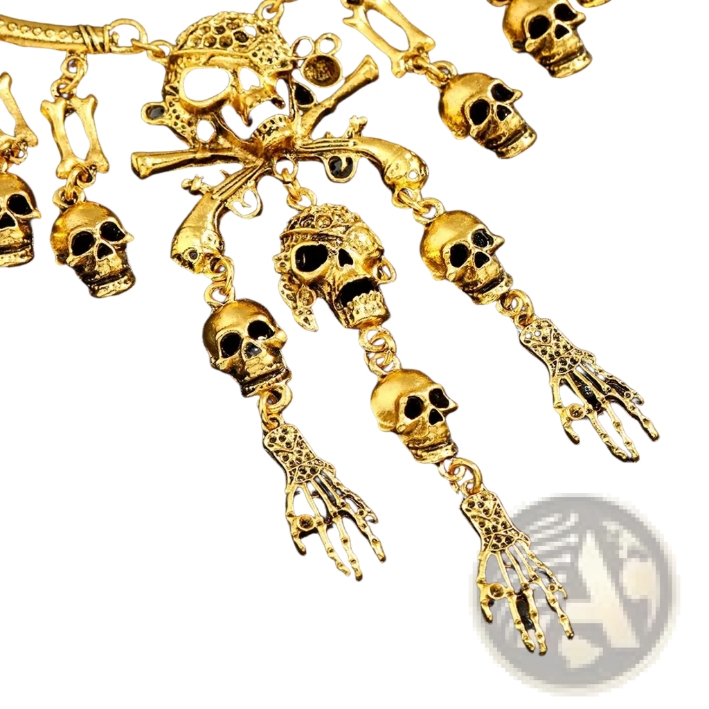 Gold-colored gothic skeleton choker necklace with intricate skull pendant detailing in metal alloy design