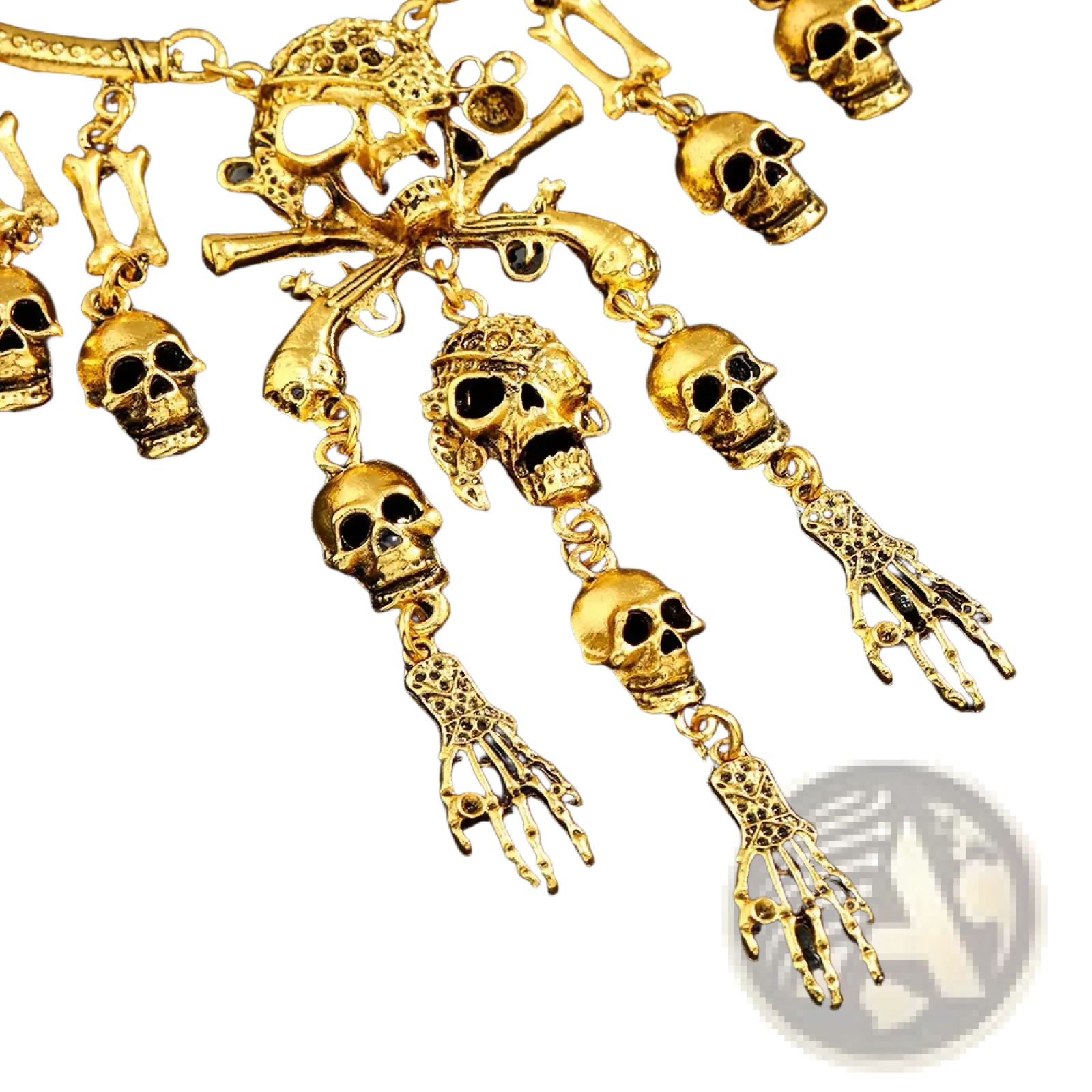 Gold-colored gothic skeleton choker necklace with intricate skull pendant detailing in metal alloy design