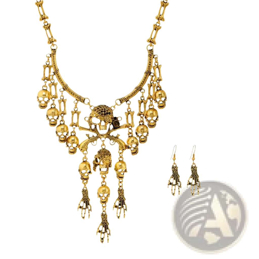 Gold-toned skeleton choker necklace set featuring skulls crossbones bone motifs with a central skull pendant in gothic style