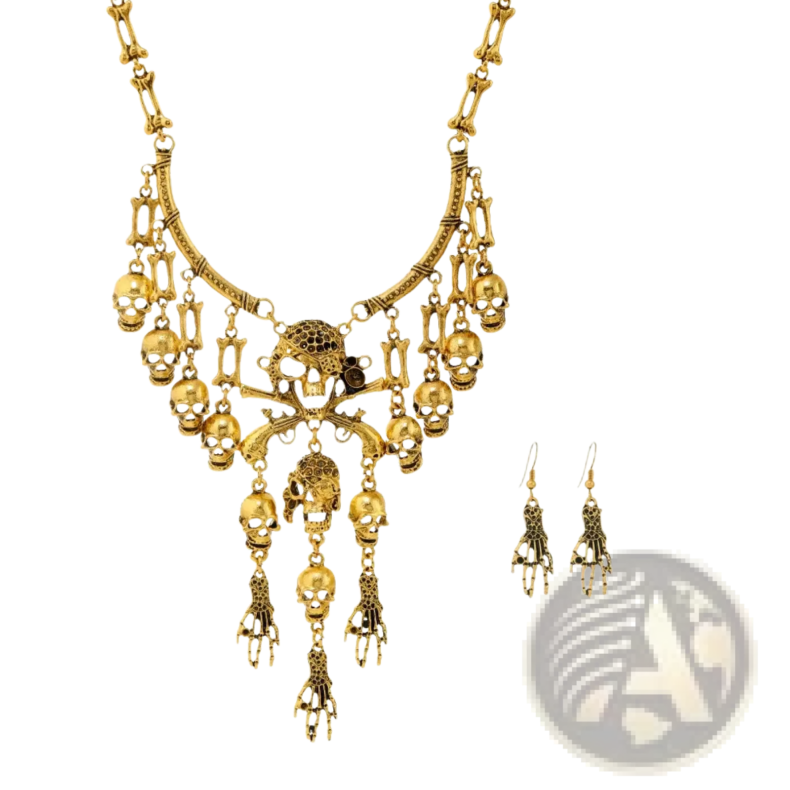 Gold-toned skeleton choker necklace set featuring skulls crossbones bone motifs with a central skull pendant in gothic style