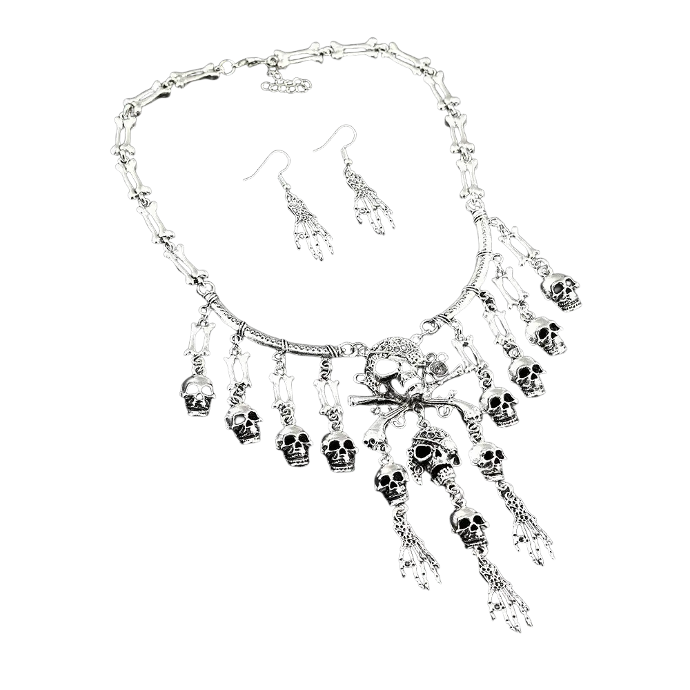 Silver skeleton choker necklace with bone links and dangling skull and hand charms gothic skull pendant jewelry