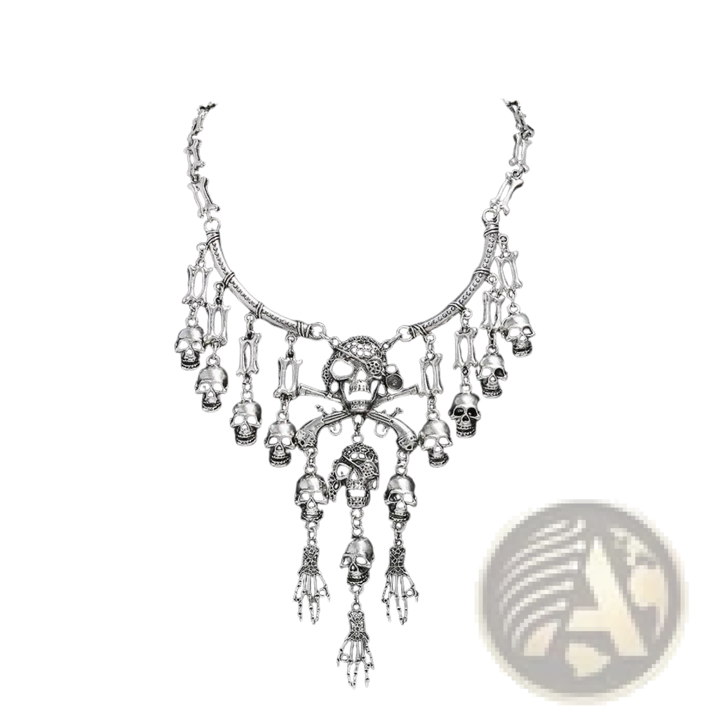 Silver-toned skeleton choker necklace featuring a central skull and crossbones pendant with dangling bones and hands