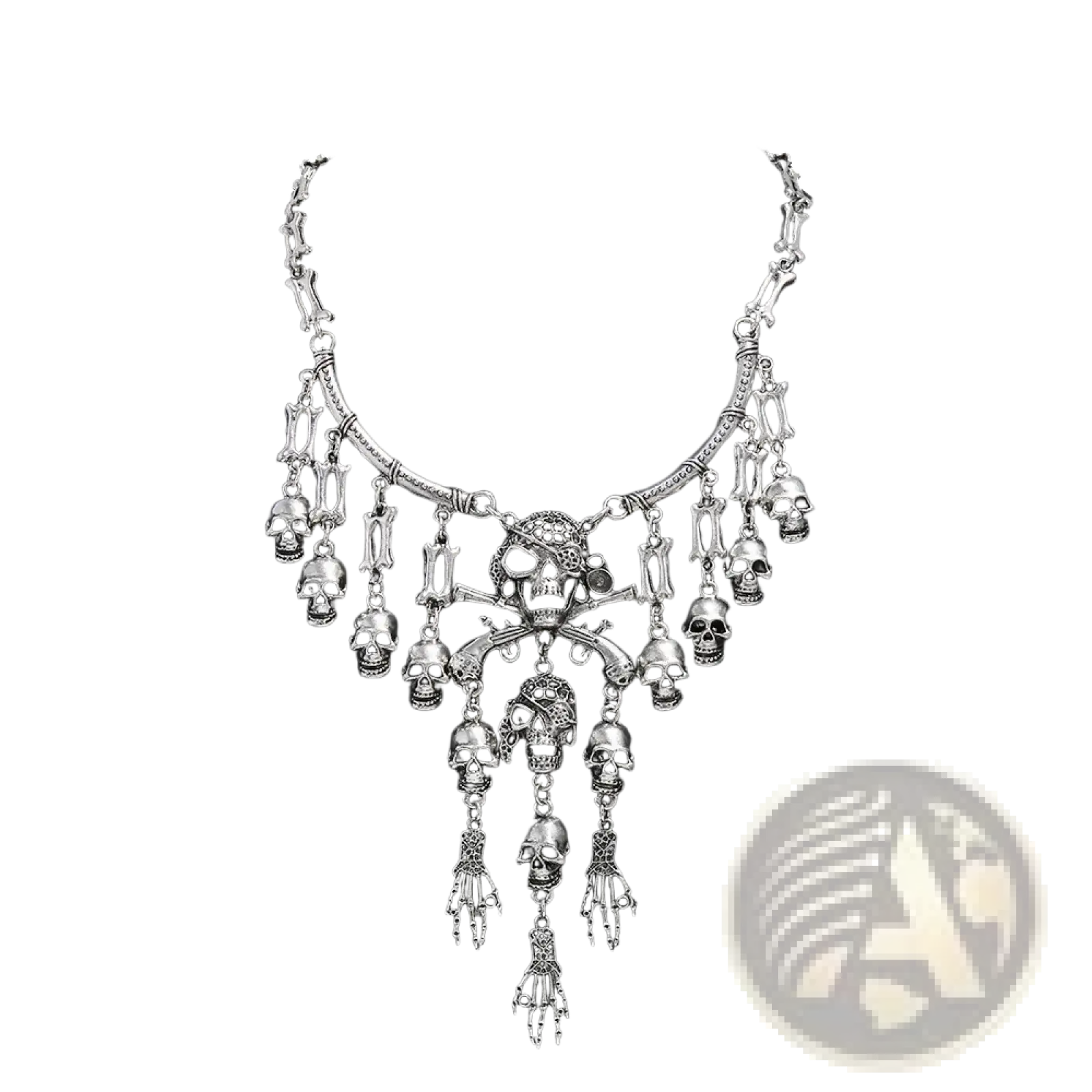 Silver-toned skeleton choker necklace featuring a central skull and crossbones pendant with dangling bones and hands