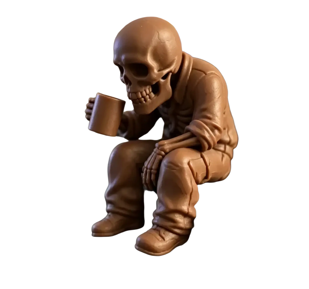 Brown skeleton coffee desk figurine wearing detailed jumpsuit sitting and holding matching mug office ornament