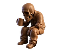 Brown skeleton coffee desk figurine wearing detailed jumpsuit sitting and holding matching mug office ornament