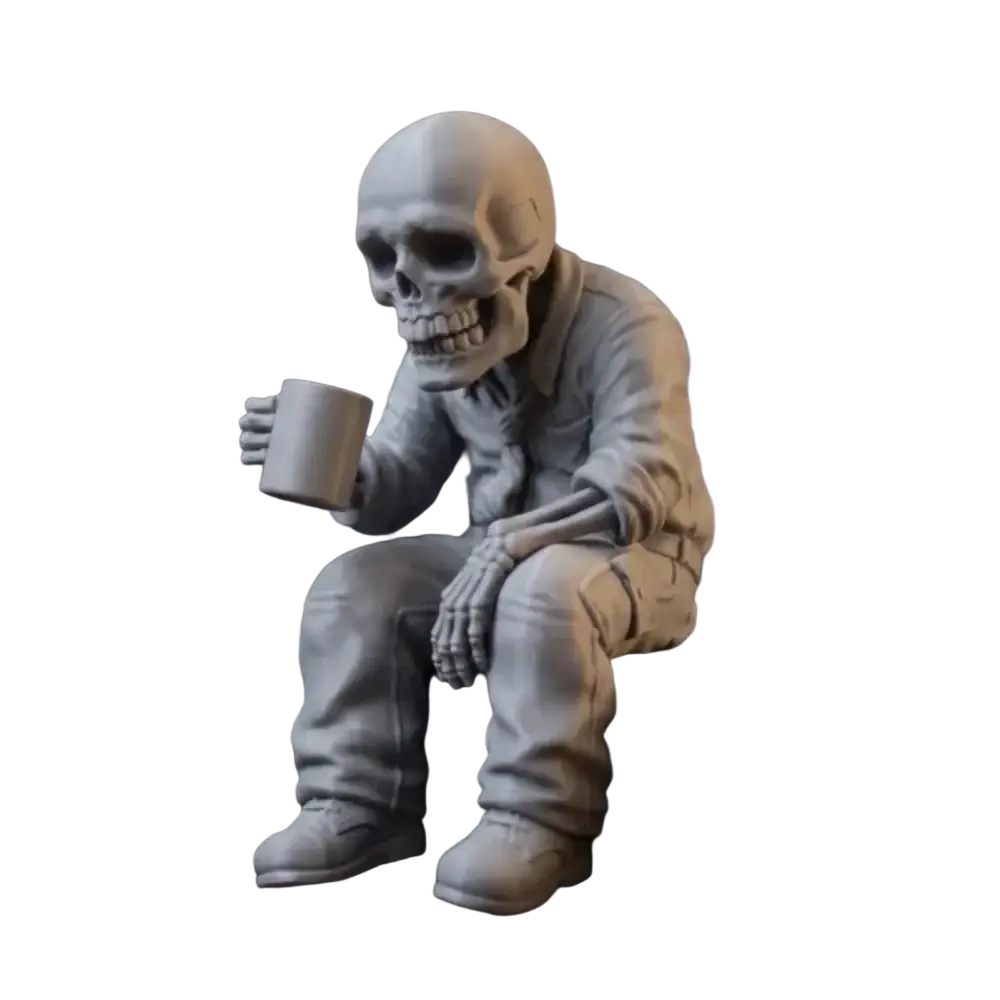 Gray skeleton coffee desk figurine dressed in casual attire seated holding a mug office ornament for workspace decor
