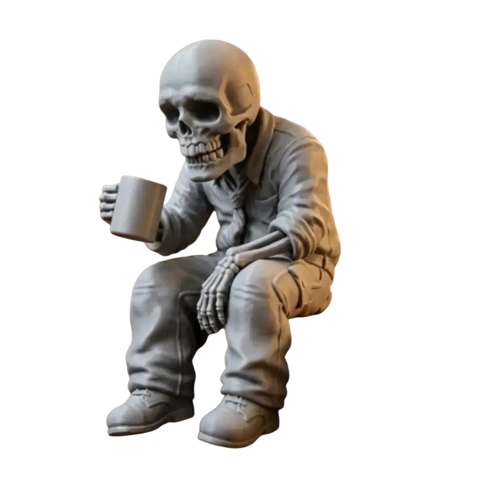 Gray skeleton coffee desk figurine dressed in casual attire seated holding a mug office ornament