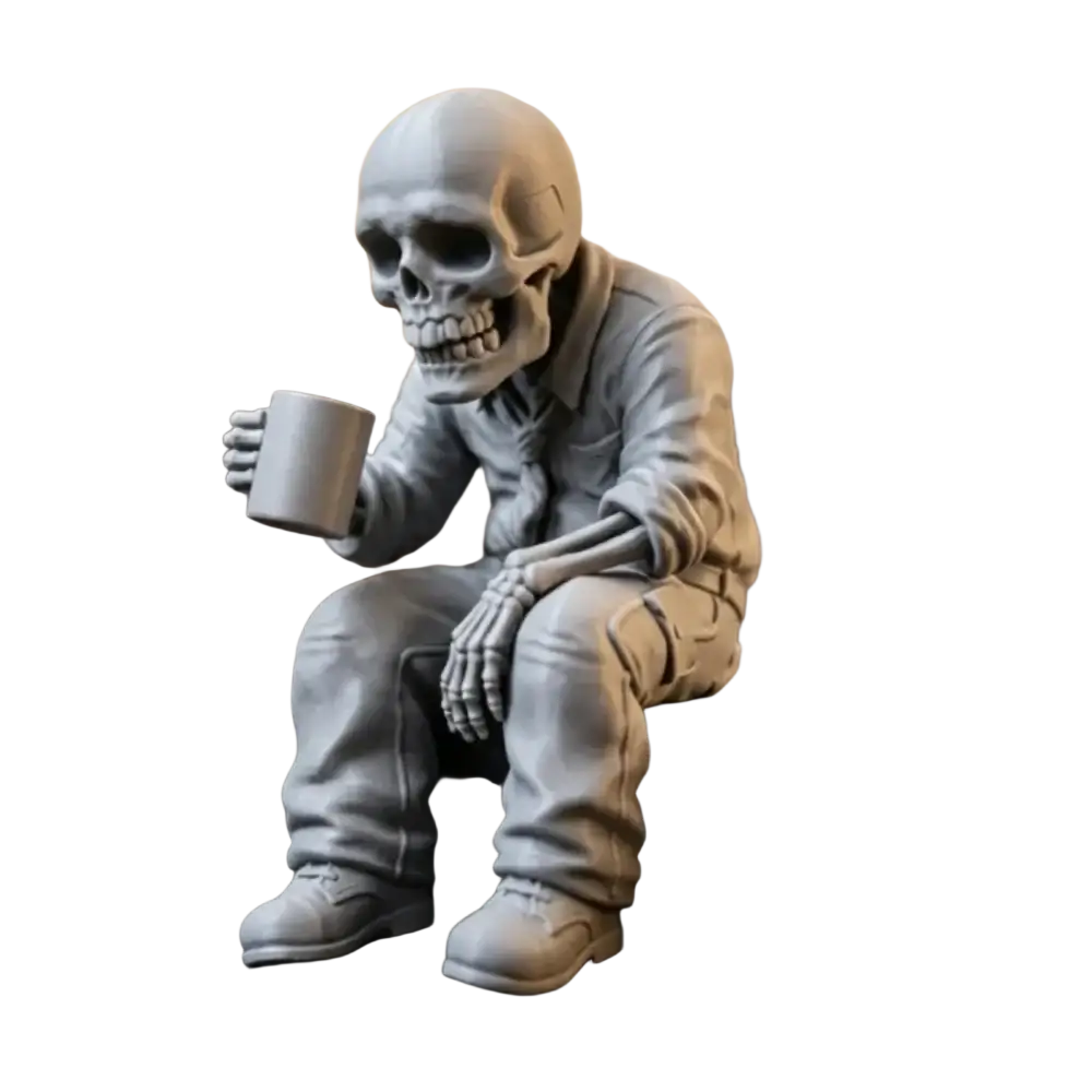 Gray skeleton coffee desk figurine dressed in detailed work uniform seated on black base holding a mug office ornament