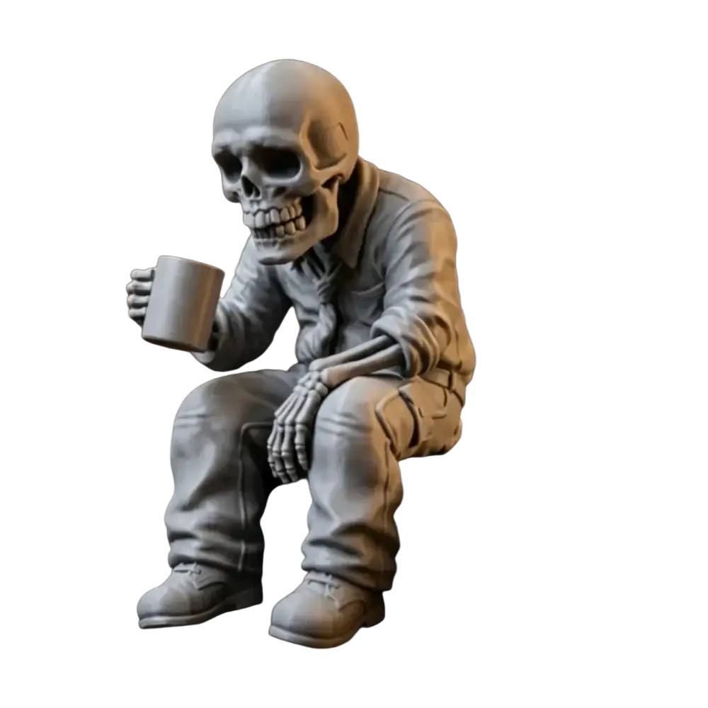 Gray skeleton coffee desk figurine dressed in casual outfit seated holding a mug office ornament