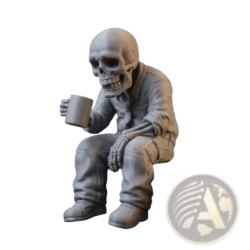 Gray skeleton coffee desk figurine dressed in casual attire seated holding a mug office ornament for workspace decor