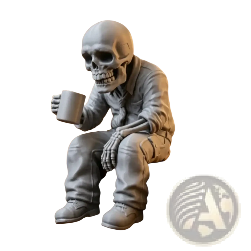 Gray skeleton coffee desk figurine dressed in casual attire seated holding a mug office ornament