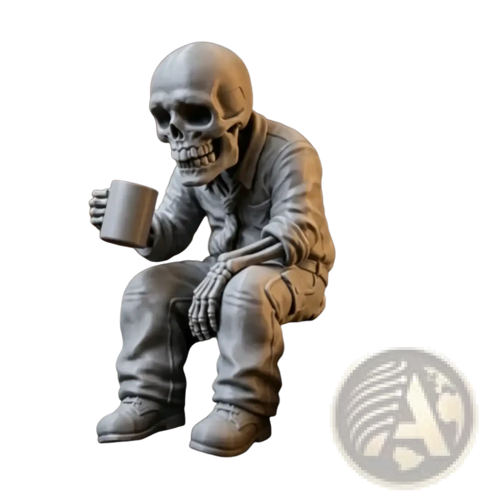 Gray skeleton coffee desk figurine dressed in casual outfit seated holding a mug office ornament