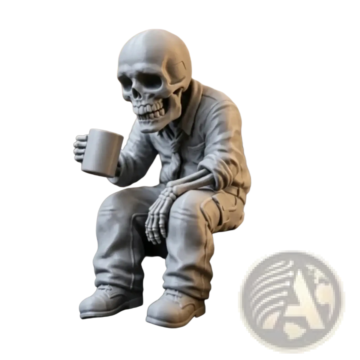 Gray skeleton coffee desk figurine dressed in detailed work uniform seated on black base holding a mug office ornament