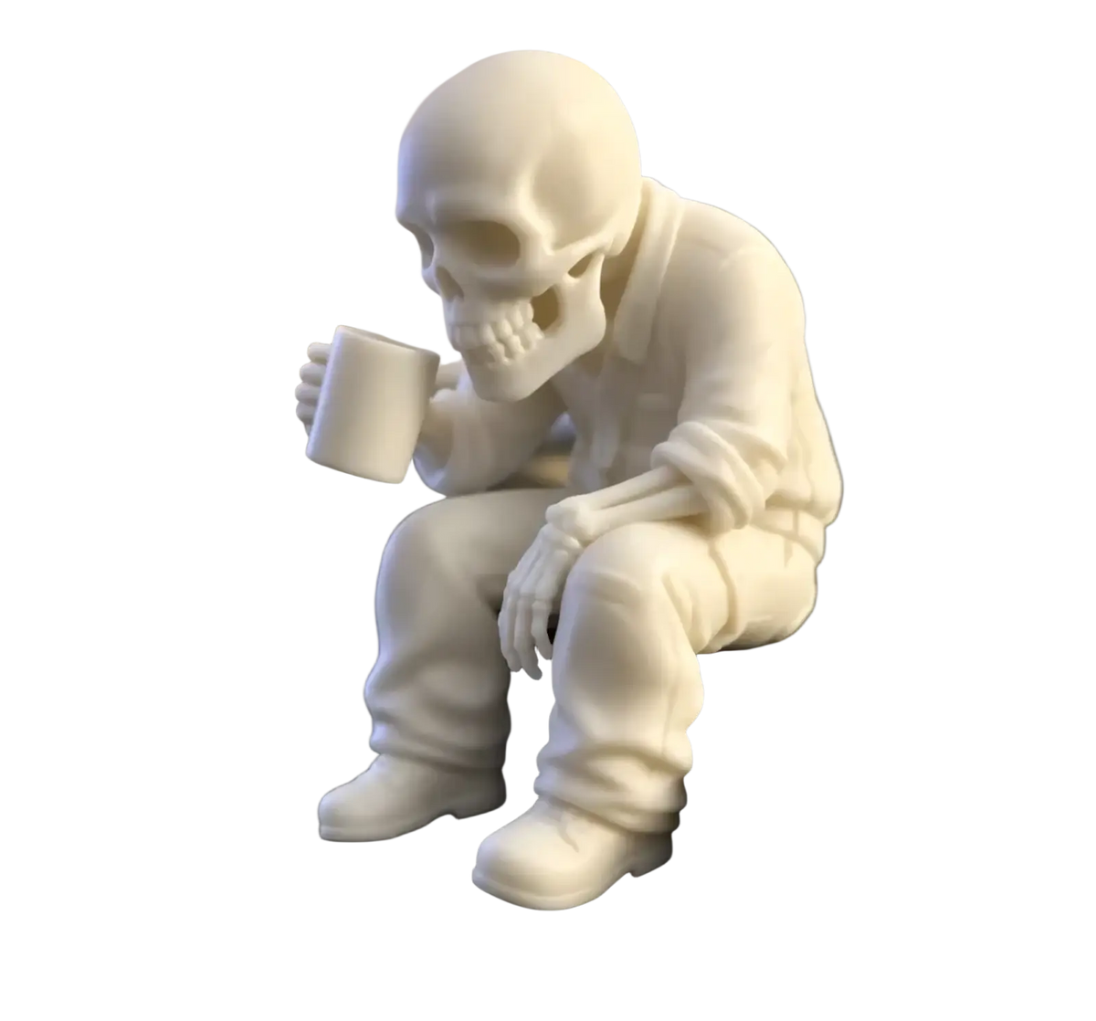 White skeleton coffee desk figurine in casual attire seated holding a mug office ornament decoration