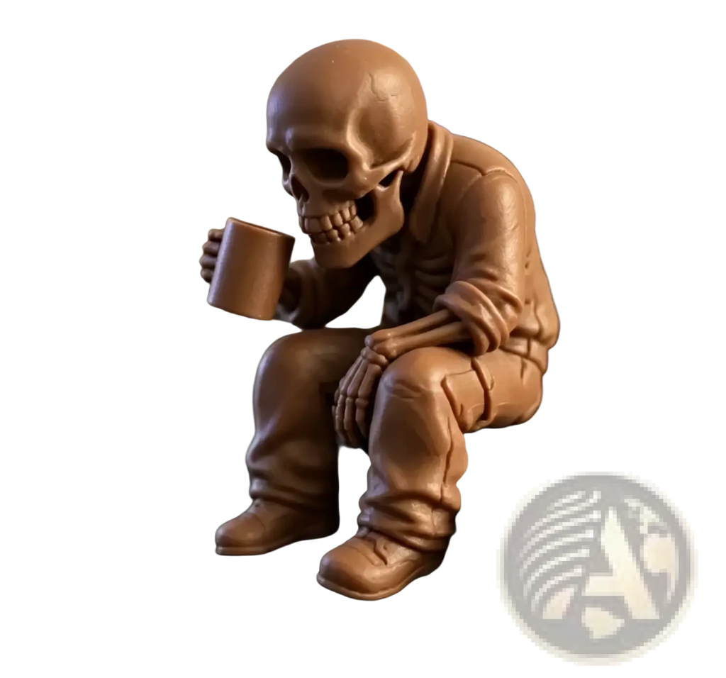 Brown skeleton coffee desk figurine wearing detailed jumpsuit sitting and holding matching mug office ornament