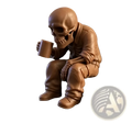 Brown skeleton coffee desk figurine wearing detailed jumpsuit sitting and holding matching mug office ornament