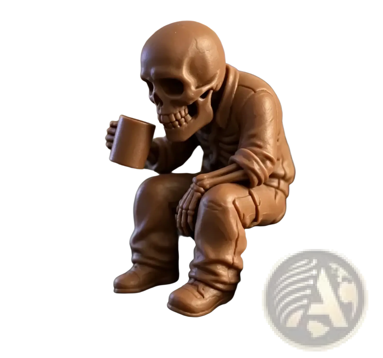 Brown skeleton coffee desk figurine wearing detailed jumpsuit sitting and holding matching mug office ornament