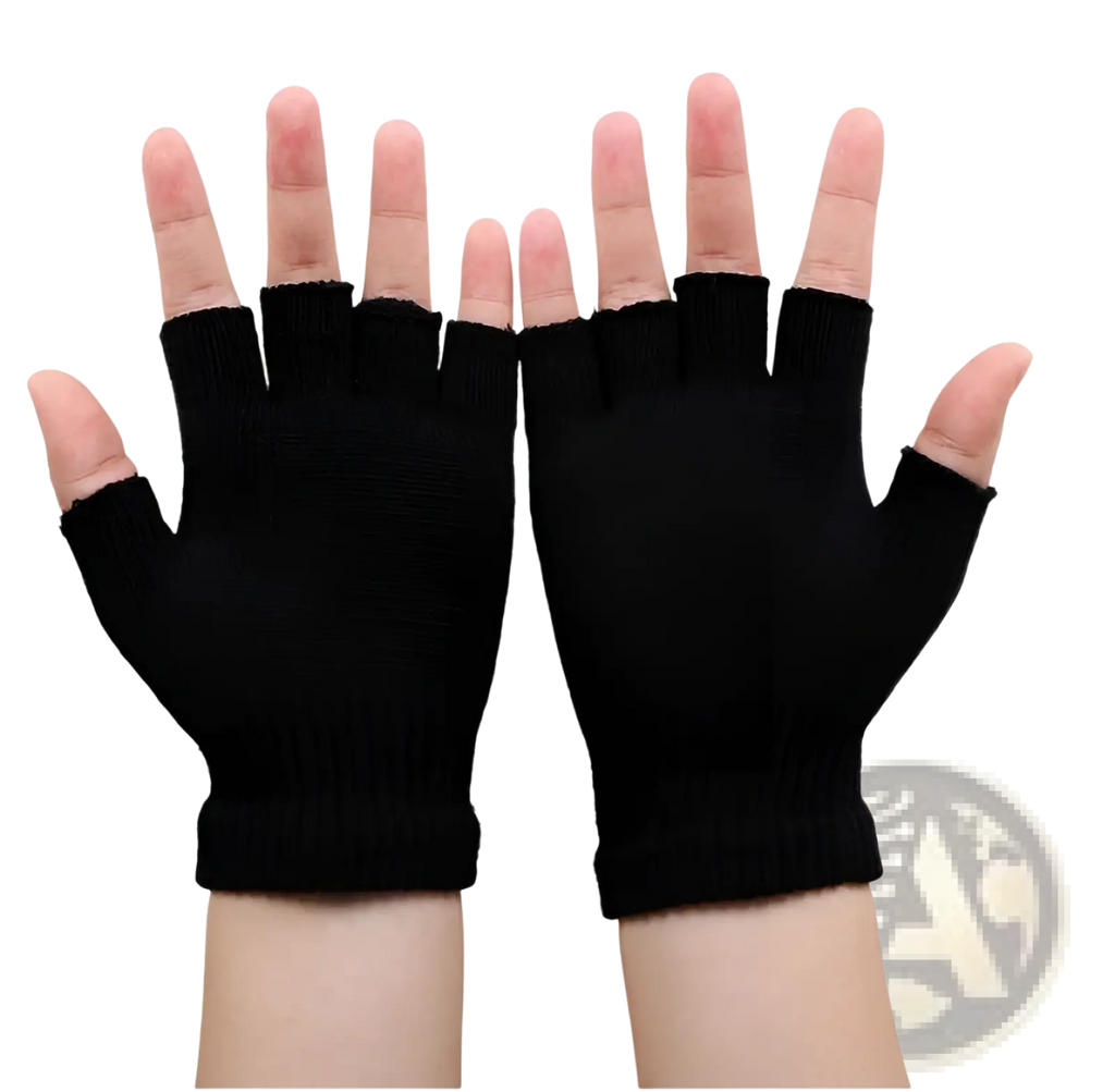 Black knitted fingerless gloves with ribbed cuff showing the back side from the skeleton fingerless gloves black knit product