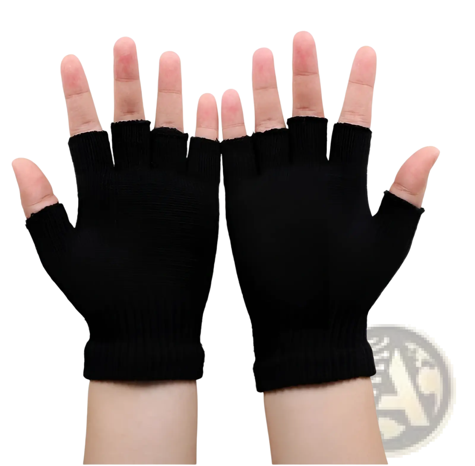 Black knitted fingerless gloves with ribbed cuff showing the back side from the skeleton fingerless gloves black knit product