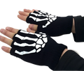 Black knitted fingerless gloves with white skeleton handprint design shown from the back side