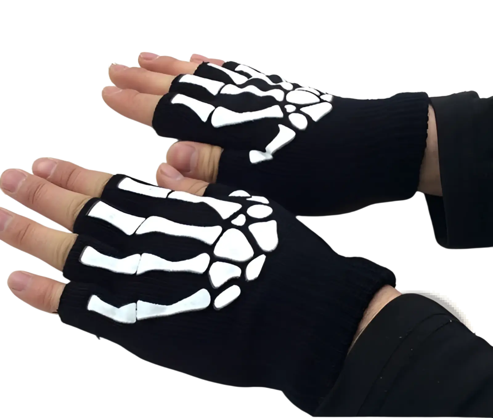 Black knitted fingerless gloves with white skeleton handprint design shown from the back side