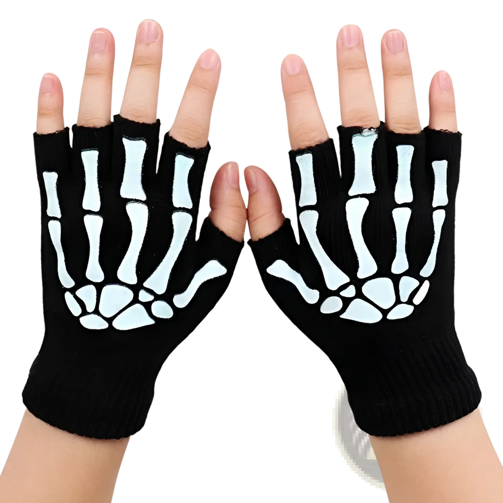 Black fingerless knit skeleton gloves showing white skeletal hand design on the back side