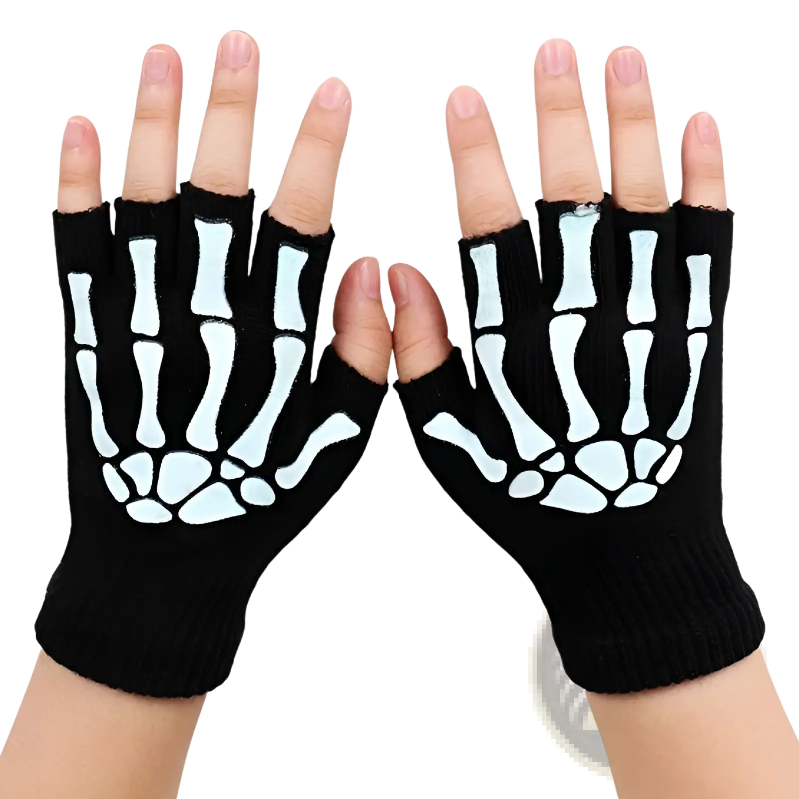 Black fingerless knit skeleton gloves showing white skeletal hand design on the back side