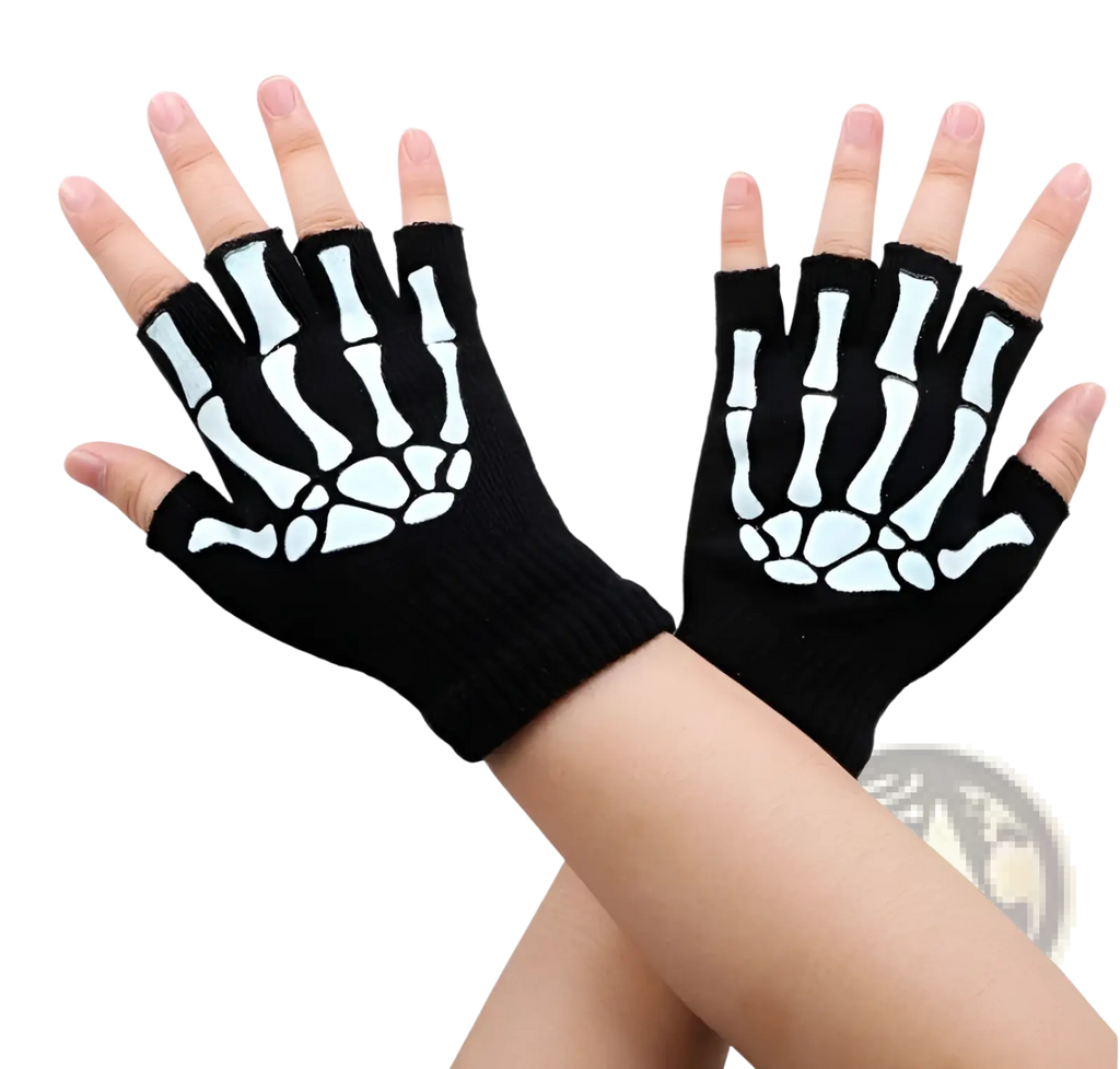 Black knit skeleton fingerless gloves showing white skeleton handprint design on the back side