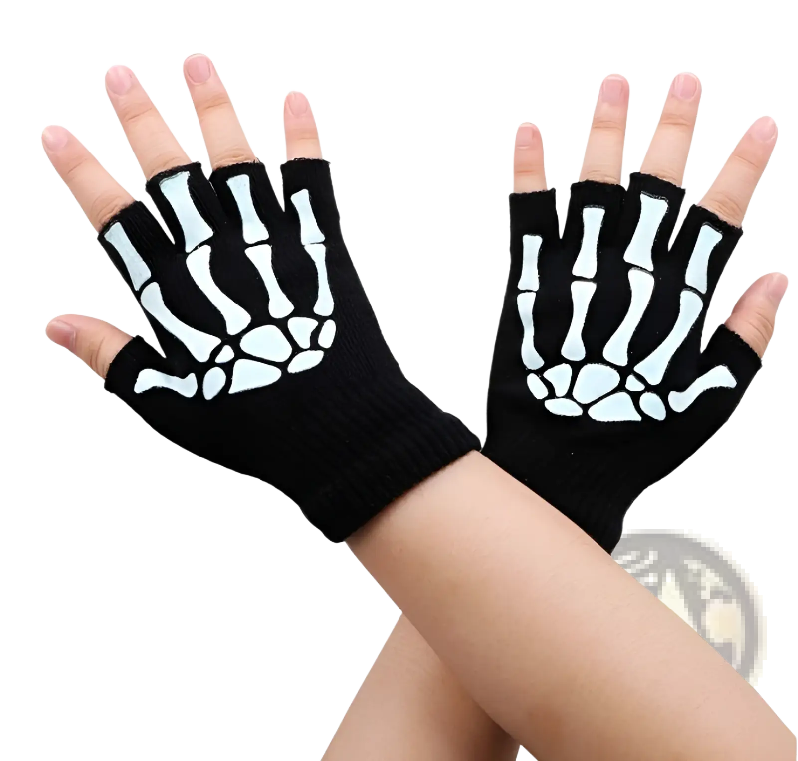 Black knit skeleton fingerless gloves showing white skeleton handprint design on the back side