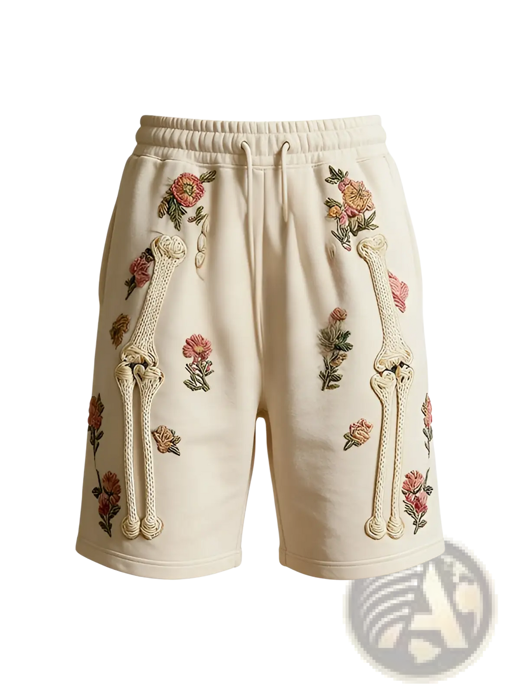 Cream-colored polyester sweat shorts featuring embroidered floral and textured bone designs along the sides