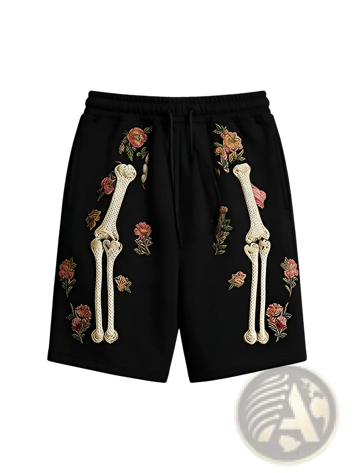 Black polyester skeleton floral sweatshorts for men with embroidered cream skeleton legs and pink floral accents