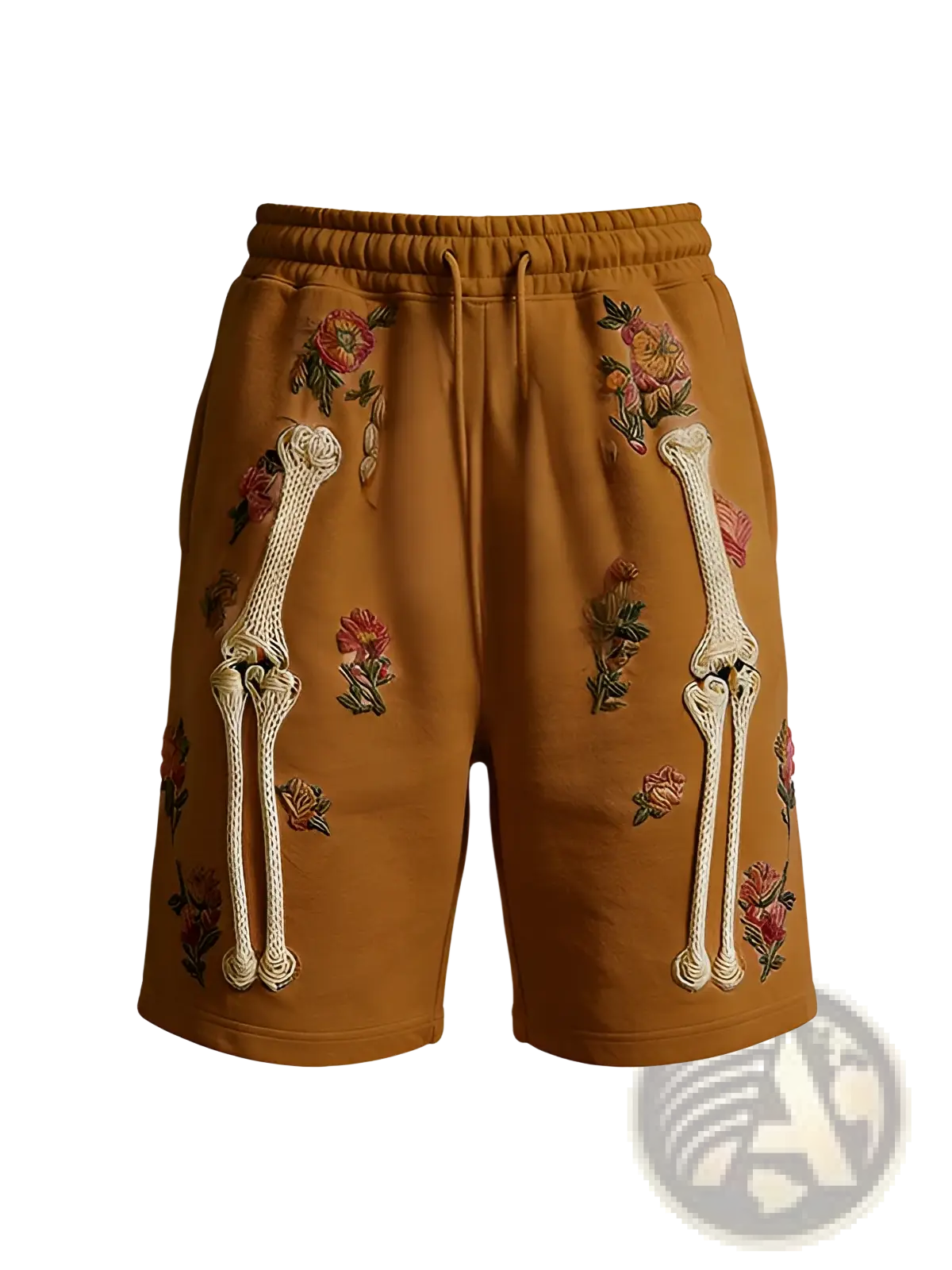 Tan polyester skeleton floral sweatshorts for men with embroidered flowers and white knitted bone designs on legs