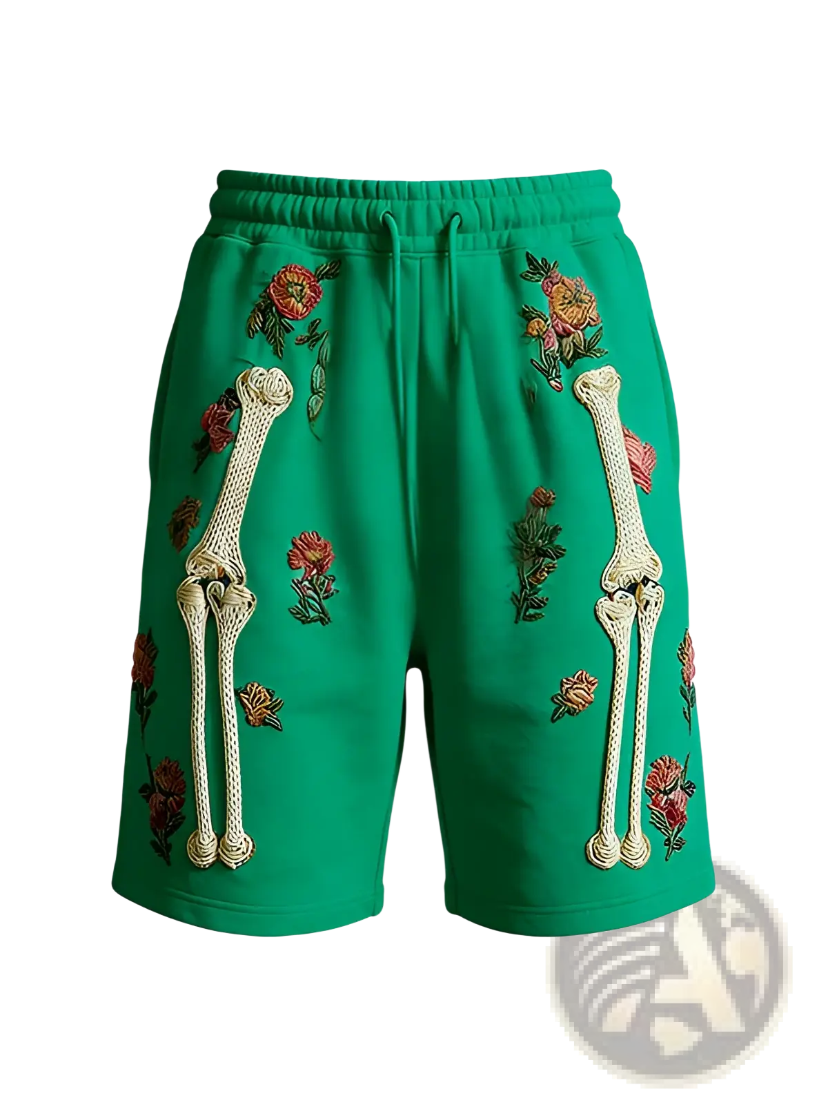 Vibrant green polyester men’s sweatshorts embroidered with white bone and pink orange red floral patterns