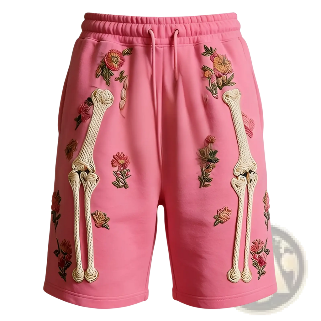 Pink polyester skeleton floral sweatshorts featuring embroidered beige bone and floral designs for men