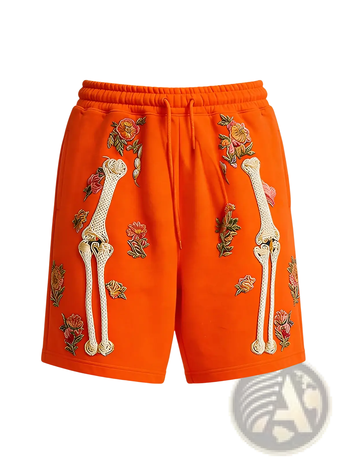 Vibrant orange polyester sweatshorts for men with embroidered white bone and floral patterns titled skeleton floral sweatshorts