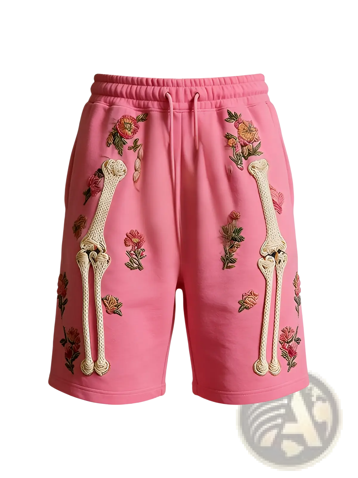 Pink polyester skeleton floral sweat shorts with embroidered floral patterns and cream bone designs for men