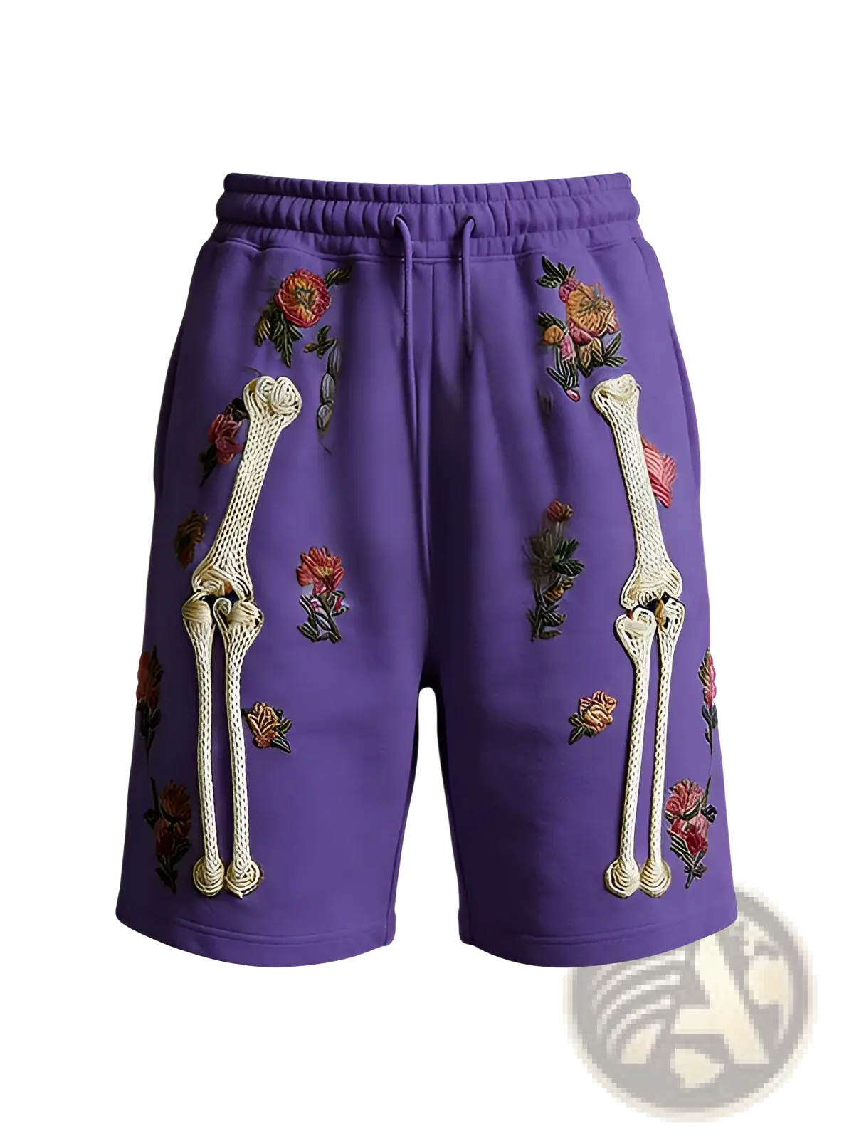 Purple polyester skeleton floral sweatshorts with embroidered white bone and floral designs for men