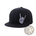 Black snapback baseball cap with white embroidered skeleton hand making rock on gesture on front panel