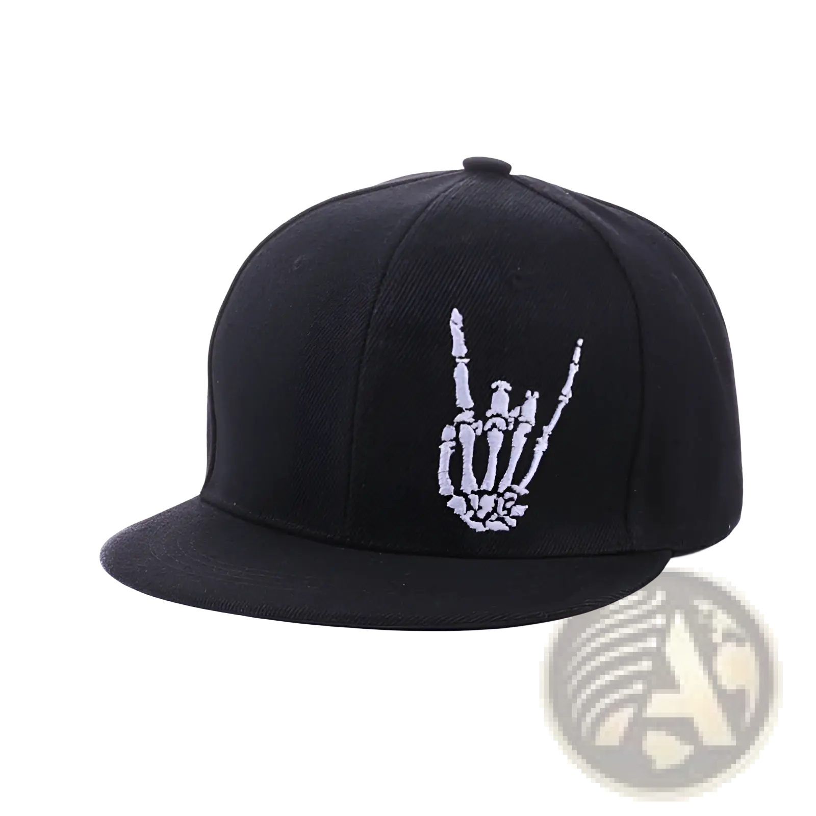 Black snapback baseball cap with white embroidered skeleton hand making rock on gesture on front panel