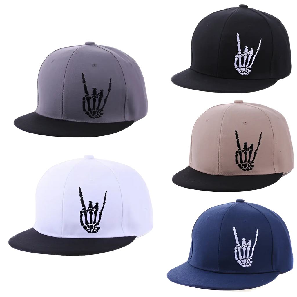 Five snapback baseball caps in gray, black, beige, white, and navy blue with contrasting skeleton hand embroidery