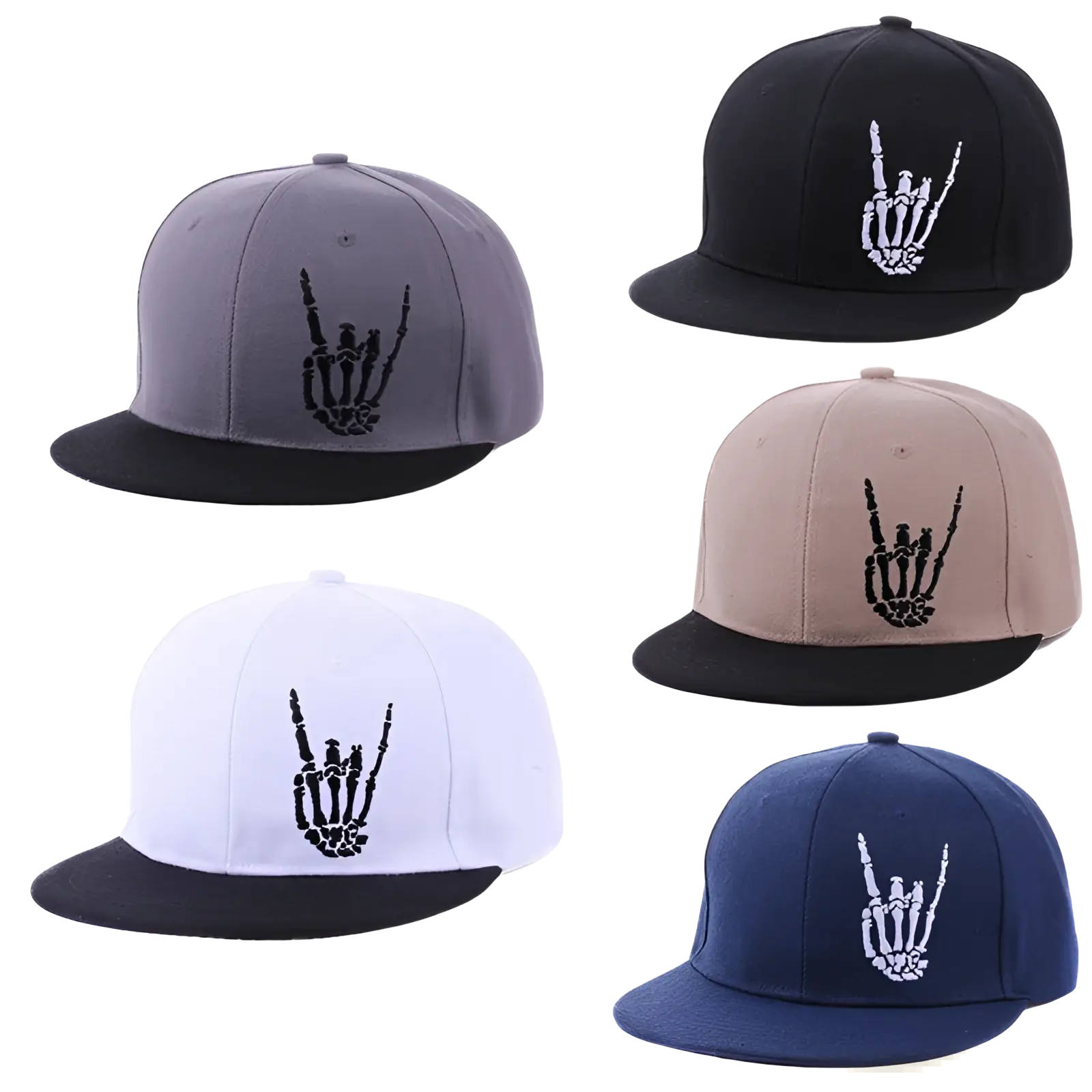 Five snapback baseball caps in gray, black, beige, white, and navy blue with contrasting skeleton hand embroidery