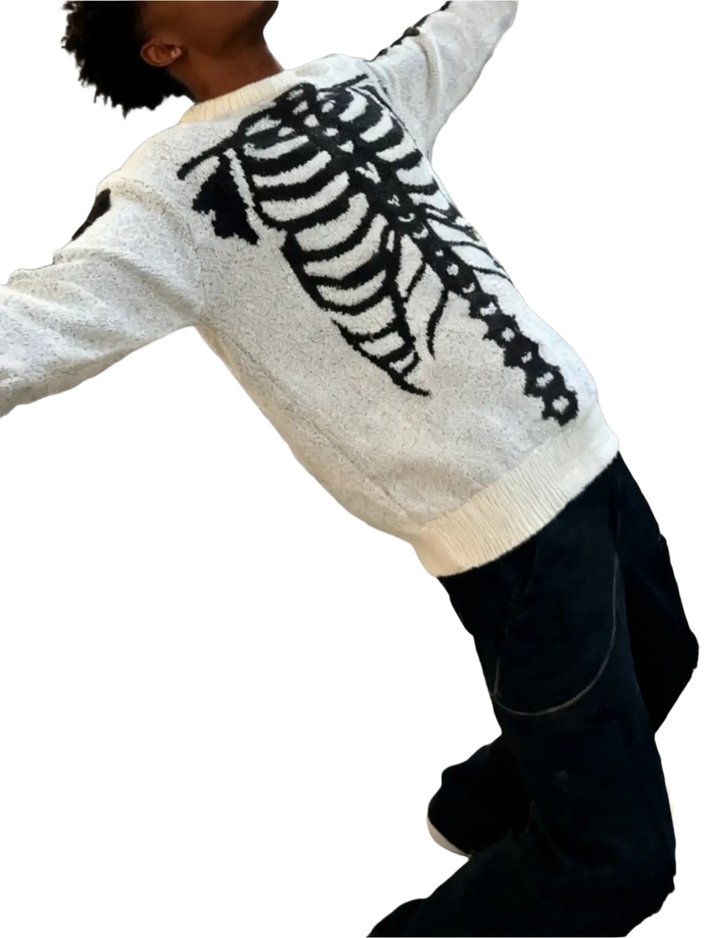 Back view of a cream-colored knit skeleton jacquard gothic sweater for men featuring a bold black ribcage design