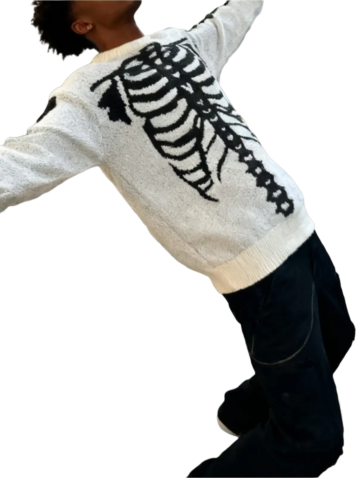 Back view of a cream-colored knit skeleton jacquard gothic sweater for men featuring a bold black ribcage design