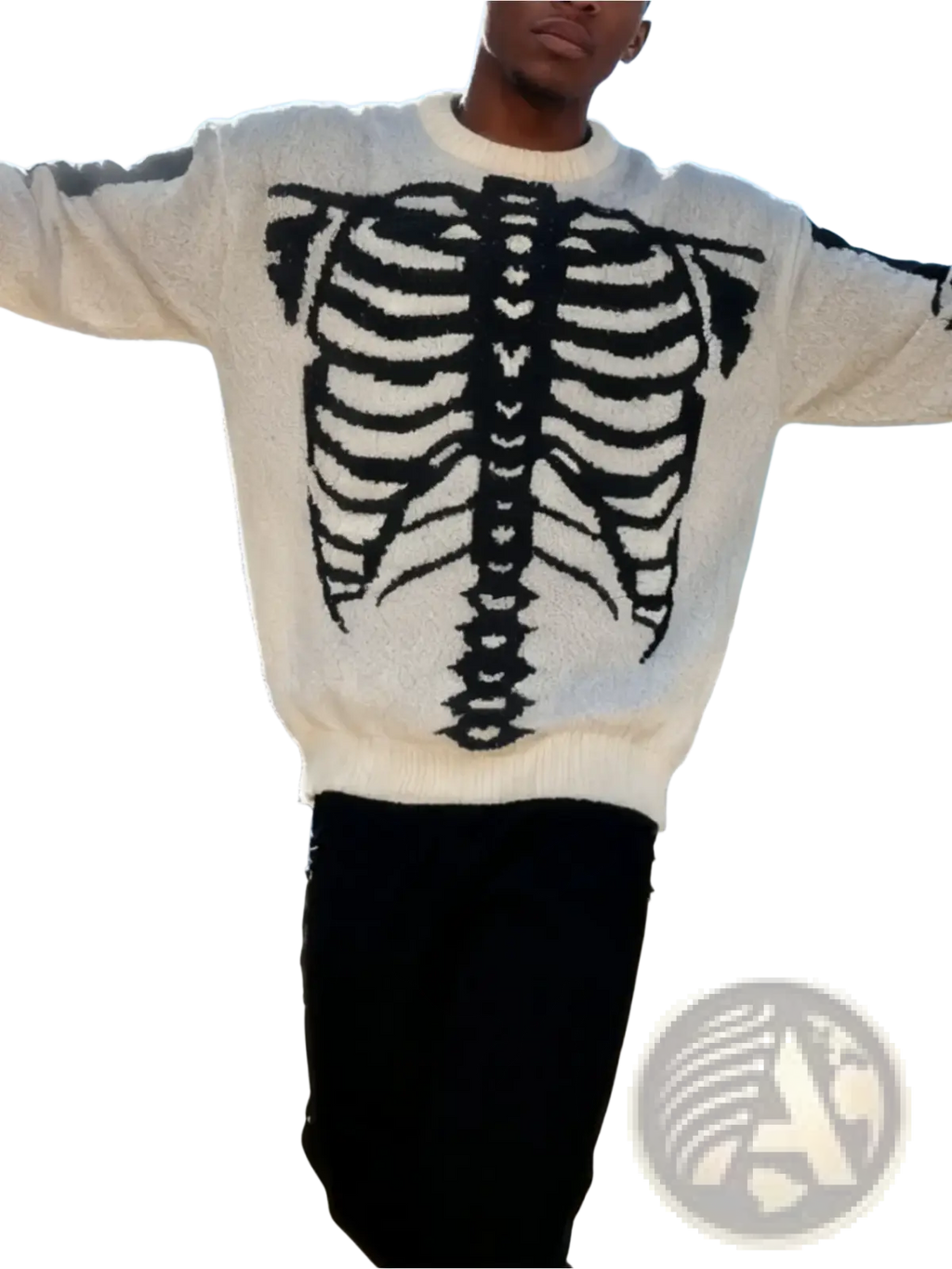 A cream-colored knitted skeleton jacquard gothic sweater for men featuring a bold black ribcage design on the front