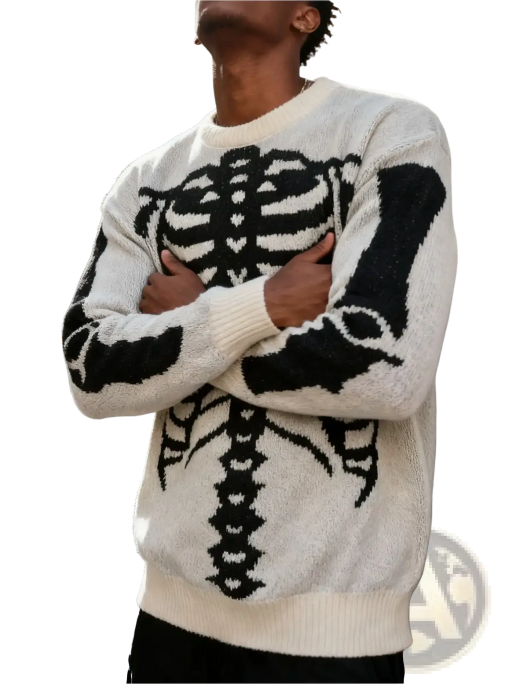 A cream-colored textured knit skeleton jacquard gothic sweater for men with bold black design on front and sleeves