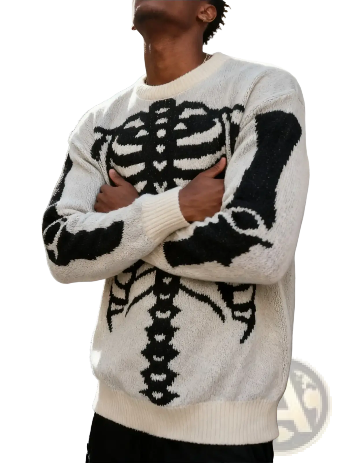 A cream-colored textured knit skeleton jacquard gothic sweater for men with bold black design on front and sleeves